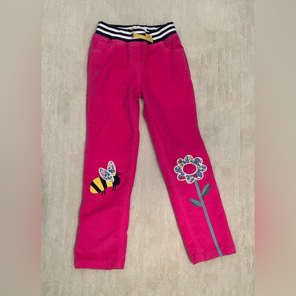 Mini Boden Pink Bee& Flower Appliqué Corduroy Pants